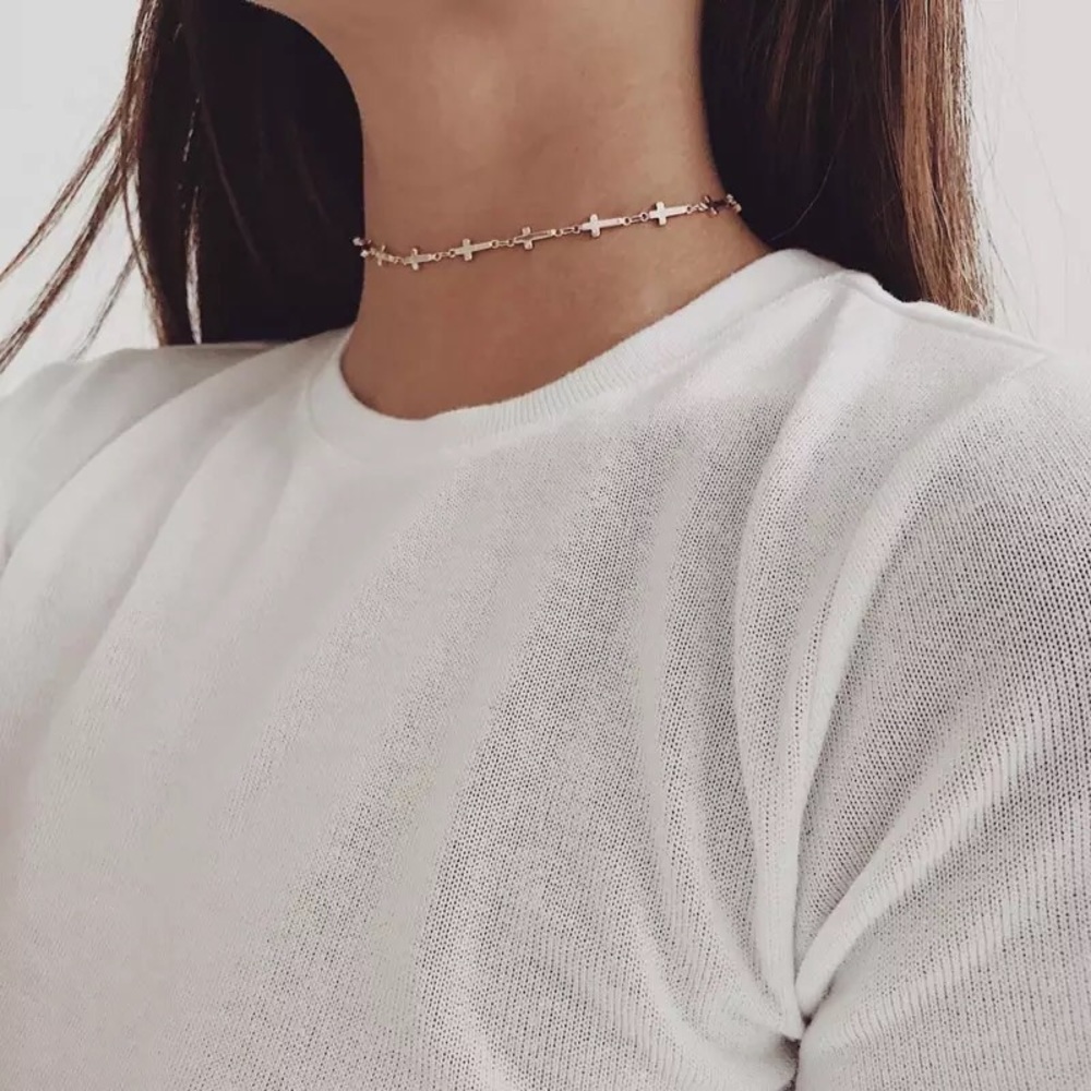 "Always & Forever" Cross Choker Silver Gold Trendy Christian Faith Cute Necklace - Picture 2 of 6